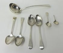 George V silver soup ladle GS & Co, two pairs of silver tablespoons including Geo III pair by