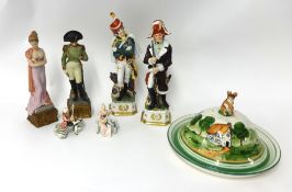 Four Continental modern figurines, Dartmoor Ware cheese dish and two miniature figures