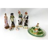 Four Continental modern figurines, Dartmoor Ware cheese dish and two miniature figures