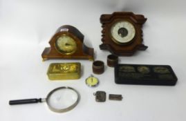 Great War Mary tin, inlaid eight day mantle clock, barometer, silver vesta, Waltham pocket watch and