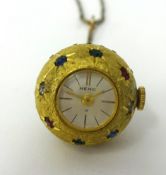 Heno ball watch set with gem stones on gilt chain