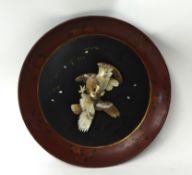 Japanese lacquered wall plaque with eagle decoration in mother of pearl and bone, with original