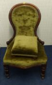 An oak bureau and Victorian mahogany framed 'spoon back' nursing chair and stool