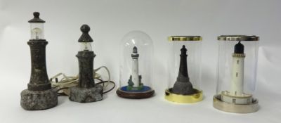 Five various serpentine and other lighthouses two with bulbs, tallest 26cm