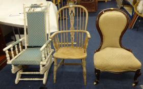 Three chairs including Windsor kitchen chair, rocking chair and Victorian nursing chair