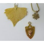 9ct gold filigree leaf brooch, pendant and chain 10.5g also 15ct and seed pearl pendant, 2g