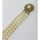 Three row uniform cultured pearl necklet with 9ct yellow gold cultured and seed pearl pierced