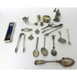 Box of various silver and white metal objects including scent bottle, napkin ring, thimble,