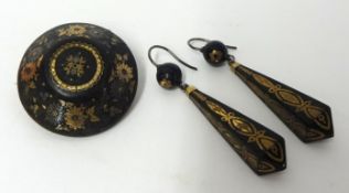 Victorian yellow metal and silver inlaid brooch and similar pair of earrings