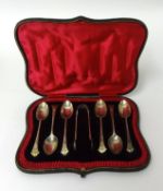 Cased set of six silver teaspoons plus tongs in fitted case, 2.44 oz