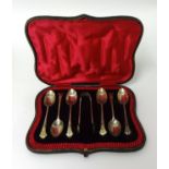 Cased set of six silver teaspoons plus tongs in fitted case, 2.44 oz