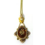 Antique gemstone and pearl pendant with three droppers and fine 9ct gold chain