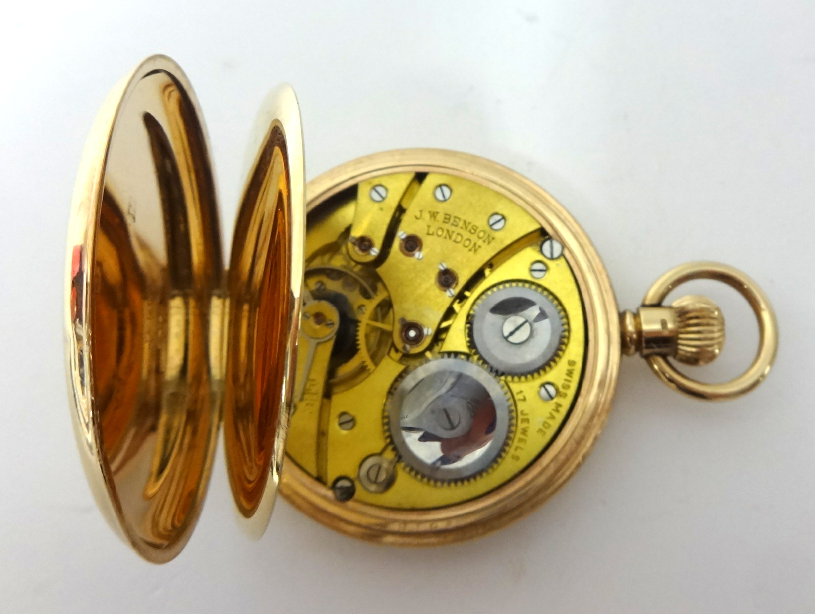 9 carat yellow gold J.W Benson of London half hunter pocket watch white enamel dial depicting - Image 3 of 3