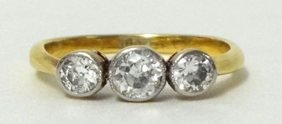 18ct three stone diamond ring, old cut diamonds, approximately 0.40 ct overall (see insurance