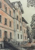 Modern German pastel 'Grand House', 60cm x 43cm , German watercolour signed 1969 and still life