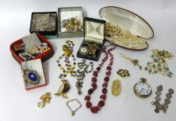 Quantity of costume jewellery also pocket watch, brooches etc (2 boxes) t/w miniature chest of