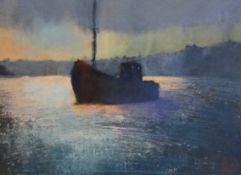 RICHARD LANNOWE HALL original painting mixed media 'End of The Day Helford', 18cm x 24cm