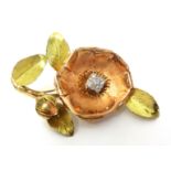 Bi colour 9ct gold flower brooch set with nine old cut diamonds, PP Ltd , 11.1g