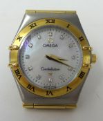 Lady's bi metal Omega Constellation quartz watch with mother of pearl diamond dot dial black roman