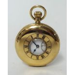 9 carat yellow gold J.W Benson of London half hunter pocket watch white enamel dial depicting