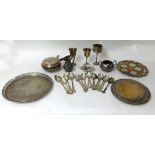 Various silver plated wares including salvers, muffin dish, cream jug also small silver dish (10)