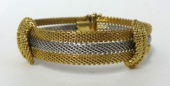 14ct yellow and white gold 3 row mesh bracelet with knot design