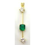 Three stone emerald and diamond necklace dropper, approximately 37mm long