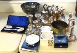 A quantity of silver plated wares including Montieth bowl 'Looe Bindown Golf Club', tea service,