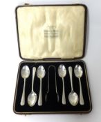 Set of six silver spoons and tongs, 2.75oz , in fitted case