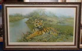 DAVID SHEPHERD Limited edition print 'Tiger in The Sun', No 791/850, framed, 49.5cm x 94cm