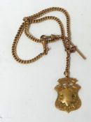 9ct gold watch chain with T bar and pendant, 24.8g