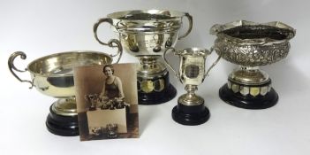 Four Swimming trophies awarded to Winnifred Blockley circa 1928-1930 including three silver trophies