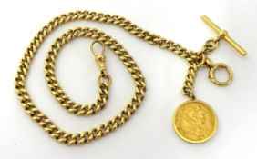 18ct gold watch chain with T bar mounted with a George V gold sovereign, approximately 46cm long,