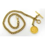 18ct gold watch chain with T bar mounted with a George V gold sovereign, approximately 46cm long,