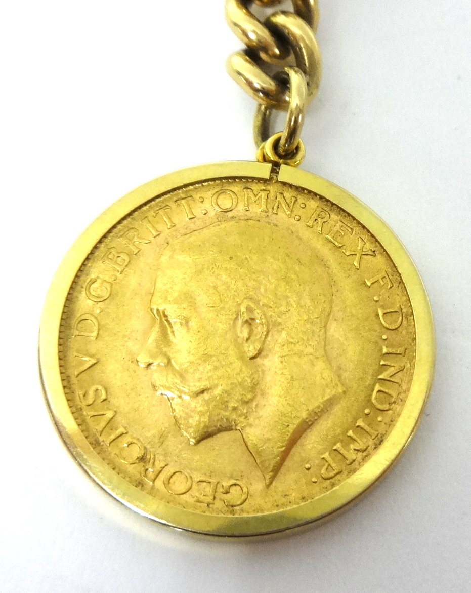 18ct gold watch chain with T bar mounted with a George V gold sovereign, approximately 46cm long, - Image 2 of 3