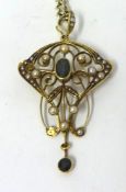Art Nouveau style 15ct gold seed pearl pendant on fine chain