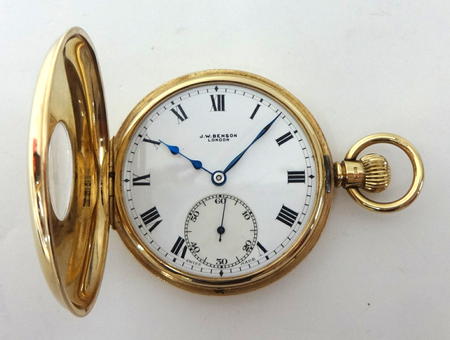 9 carat yellow gold J.W Benson of London half hunter pocket watch white enamel dial depicting - Image 2 of 3