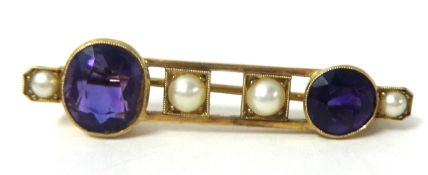 Amethyst and pearl six stone brooch, 4cm long