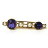 Amethyst and pearl six stone brooch, 4cm long