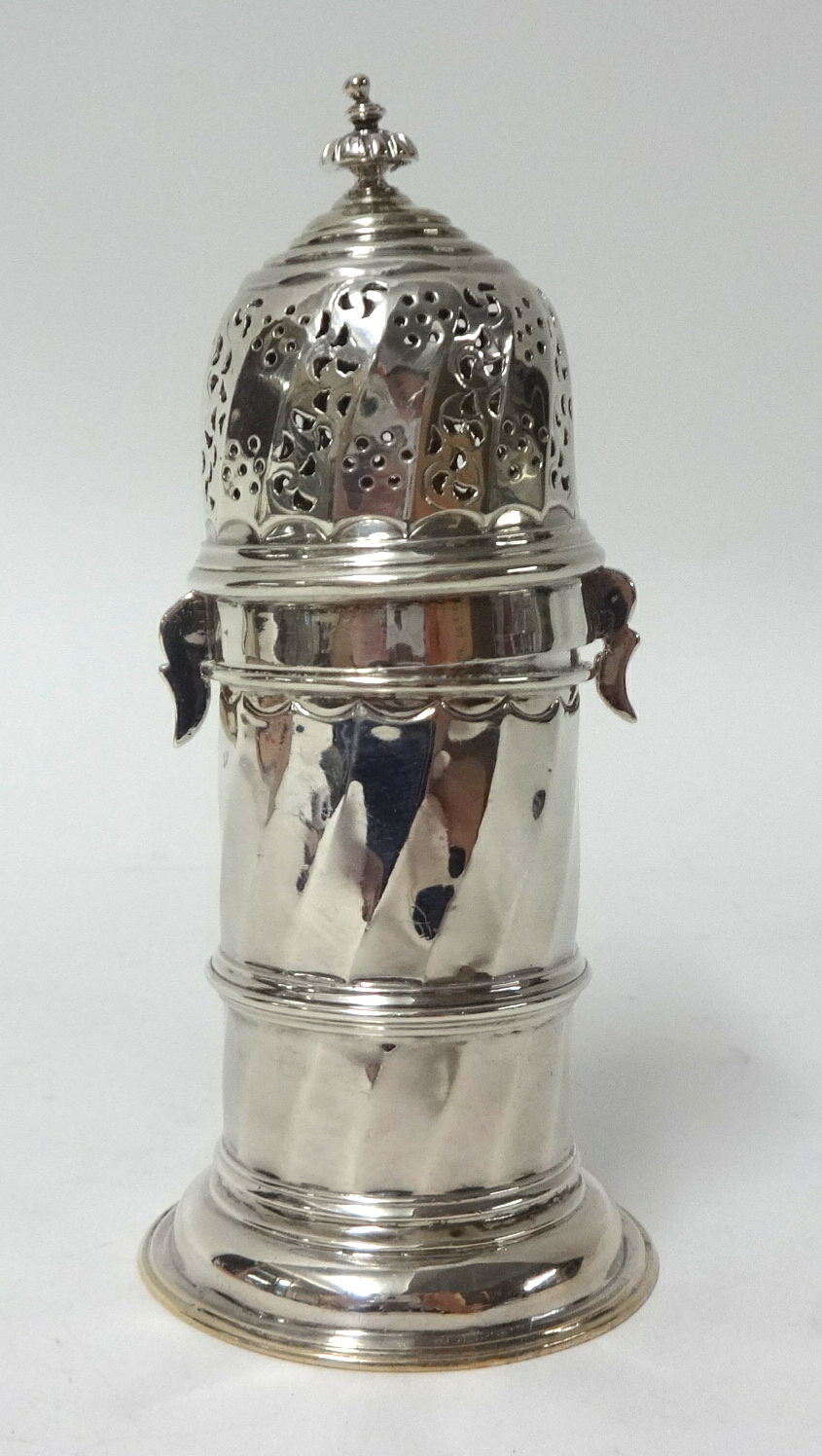Silver Britannia lighthouse sugar caster possibly by Charles Stuart Harris with cylindrical body and
