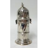 Silver Britannia lighthouse sugar caster possibly by Charles Stuart Harris with cylindrical body and
