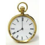 Gold open face and keyless fob watch stamped 18c No 69797 with Roman numerals, 35mm diameter, with