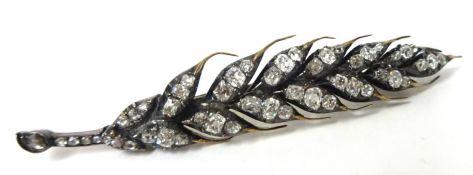 Antique diamond and yellow metal leaf brooch, 7.5cm long