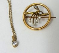15ct gold and pearl brooch on fine gold chain