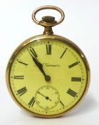 9ct gold open faced pocket watch, Paul Garnier, keyless with sub second dial with inscription to