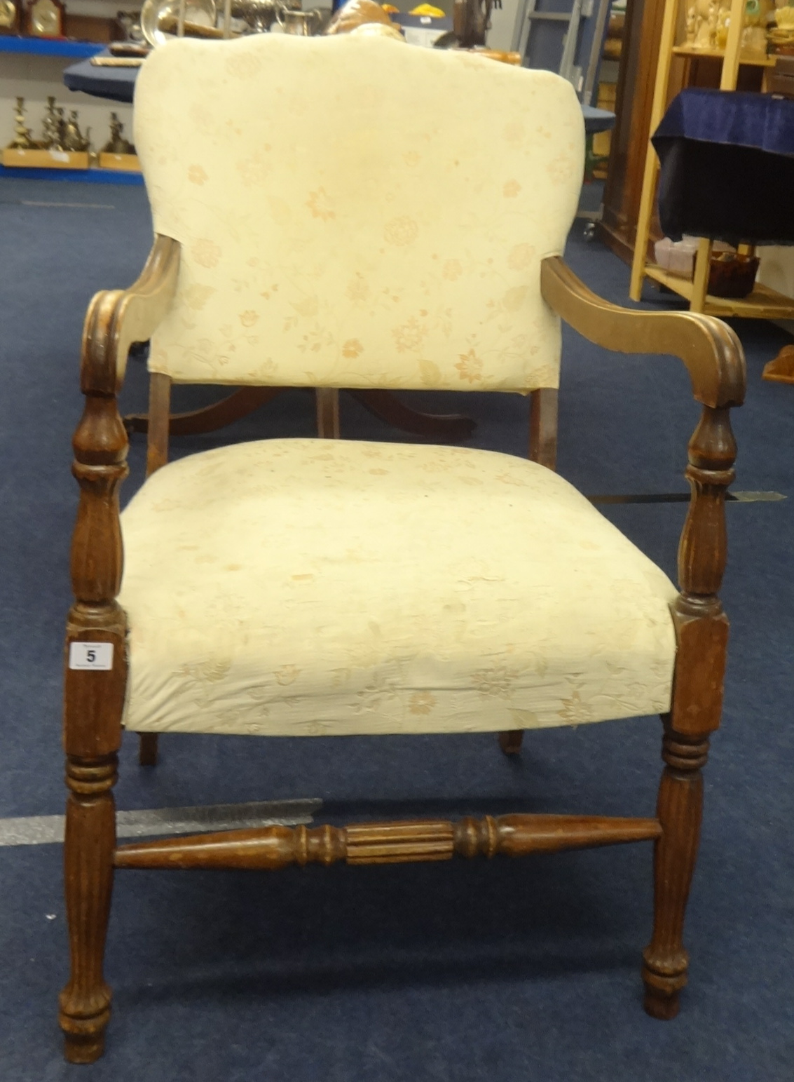 Reclining armchair with Deco style frame (worn) t/w open stained wood framed armchair