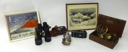 A collection of items to include binoculars, Japanese album, Japanese silk, Japanese wood block, box