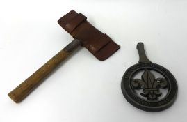 An engraved axe with steel head and ash handle leather case with belt loops and Scout badge (See
