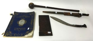 A tribal knob kerry, Khukri knife, Great War copper document box and bayonet stamped 'US 1917'
