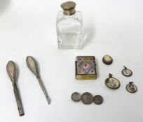 A silver mounted and glass scent bottle, mother of pearl vesta, miniature portrait buttons ,